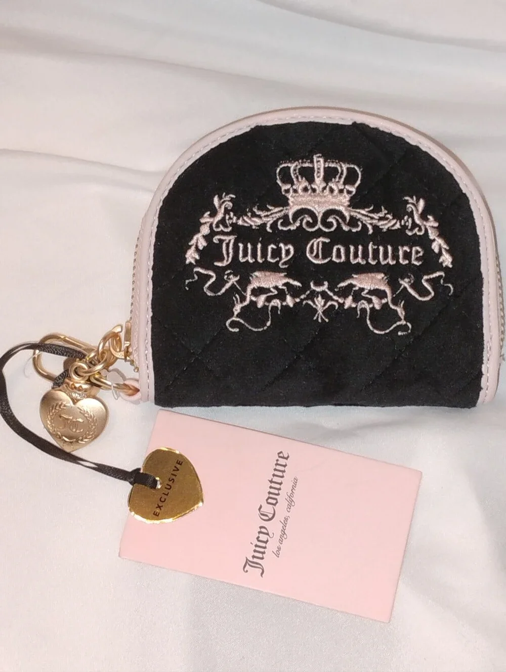 Juicy Couture Black Velvet Coin Pouch with Pink Trim and Gold Heart Charm